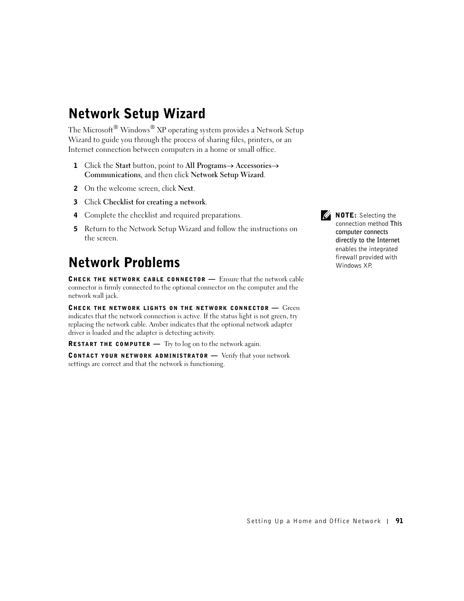 Network setup wizard, Network problems | Dell Inspiron 8500 User Manual | Page 91 / 186
