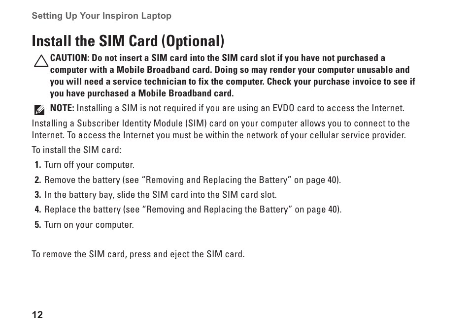 Install the sim card (optional) | Dell Inspiron 14R (N4010, Early 2010) User Manual | Page 14 / 94