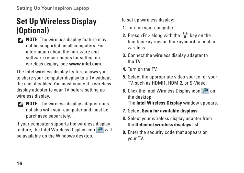 Set up wireless display (optional) | Dell Inspiron 14R (N4010, Early 2010) User Manual | Page 18 / 94