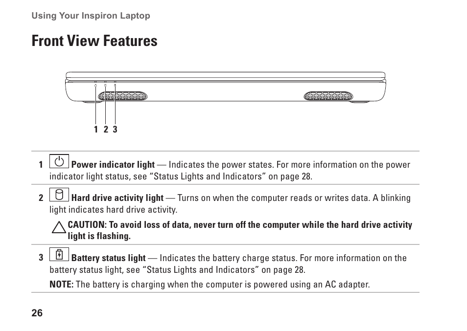 Front view features | Dell Inspiron 14R (N4010, Early 2010) User Manual | Page 28 / 94