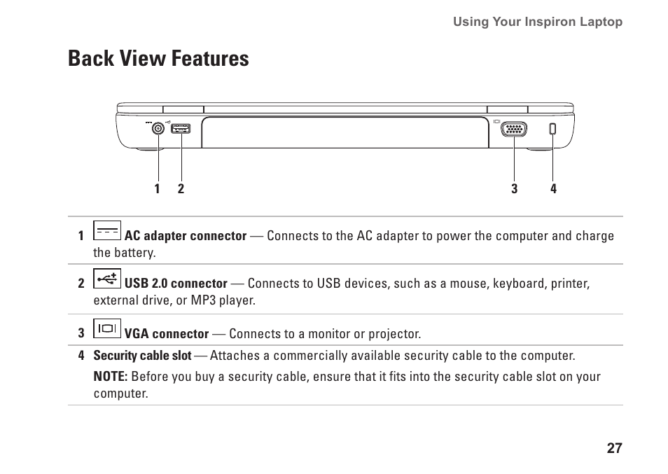 Back view features | Dell Inspiron 14R (N4010, Early 2010) User Manual | Page 29 / 94