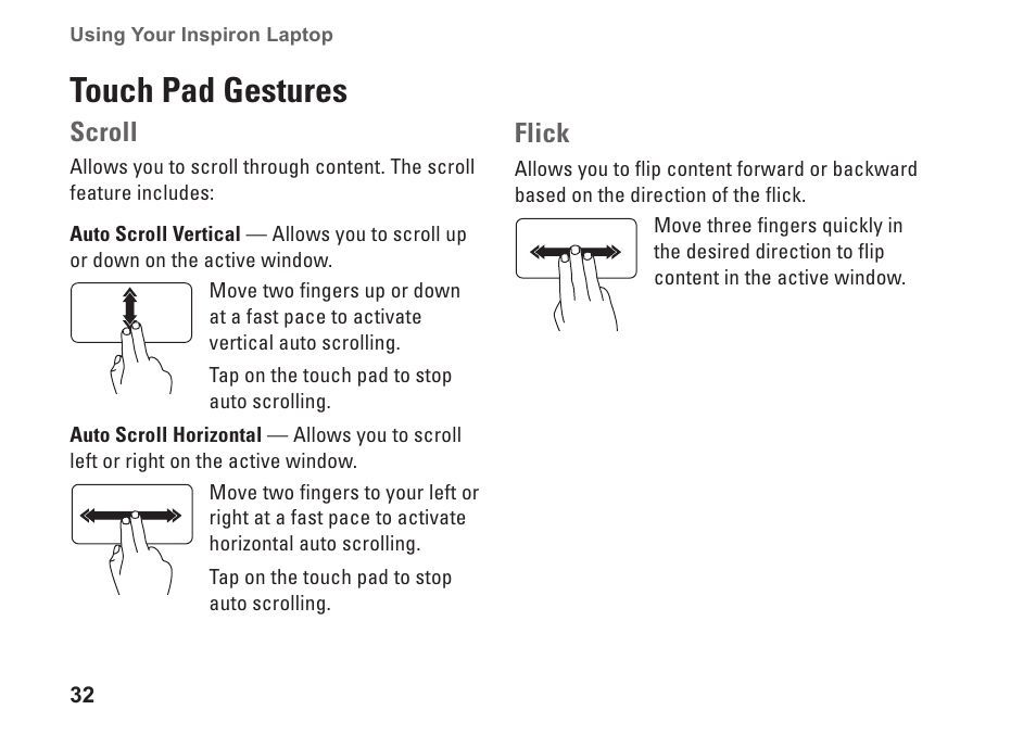 Touch pad gestures, Scroll, Flick | Dell Inspiron 14R (N4010, Early 2010) User Manual | Page 34 / 94