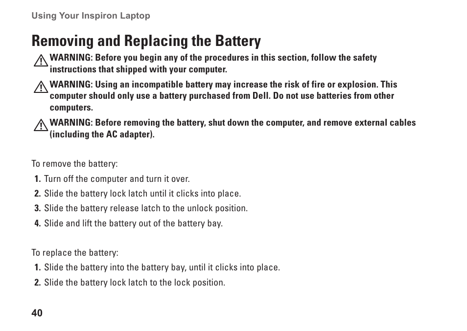 Removing and replacing the battery | Dell Inspiron 14R (N4010, Early 2010) User Manual | Page 42 / 94