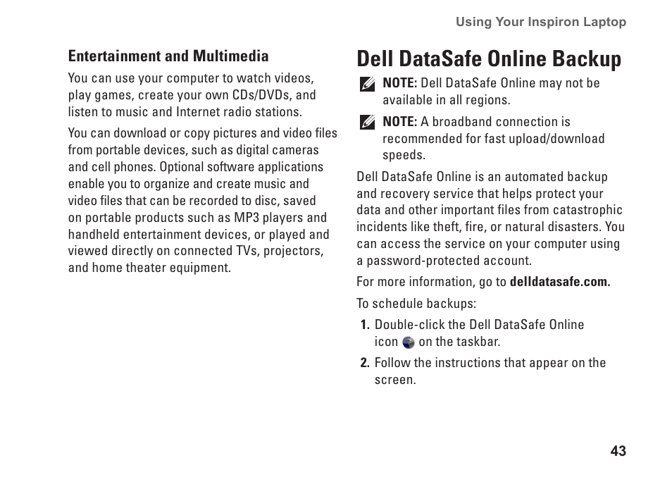 Dell datasafe online backup | Dell Inspiron 14R (N4010, Early 2010) User Manual | Page 45 / 94