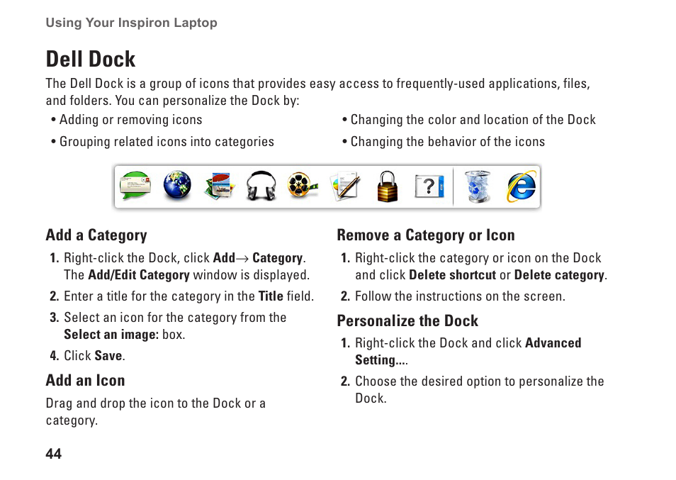 Dell dock | Dell Inspiron 14R (N4010, Early 2010) User Manual | Page 46 / 94