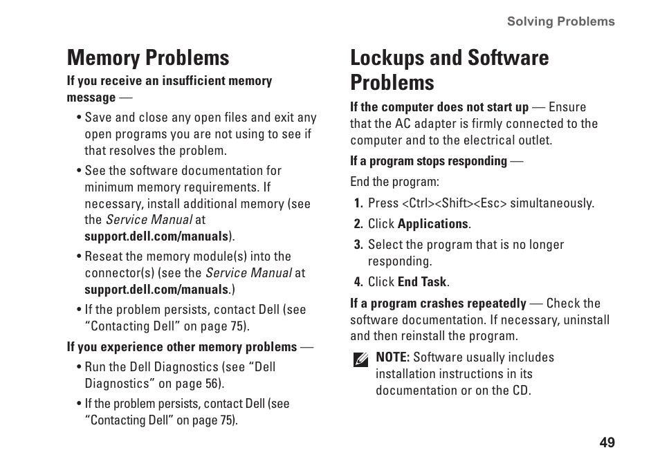 Memory problems, Lockups and software problems, Memory problems lockups and software problems | Dell Inspiron 14R (N4010, Early 2010) User Manual | Page 51 / 94