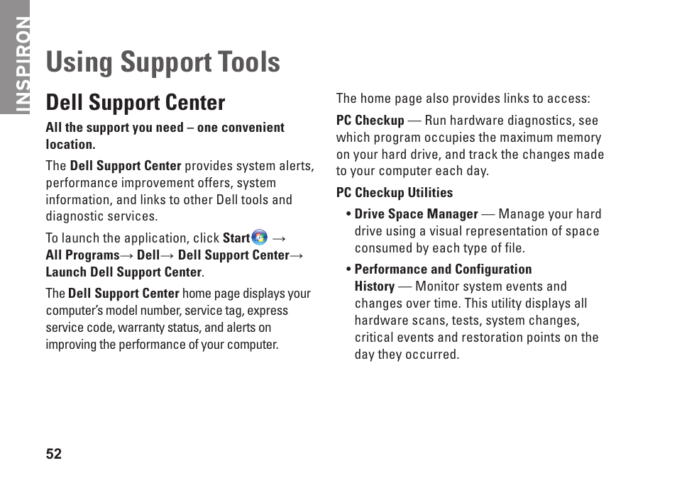 Using support tools, Dell support center, Inspiron | Dell Inspiron 14R (N4010, Early 2010) User Manual | Page 54 / 94