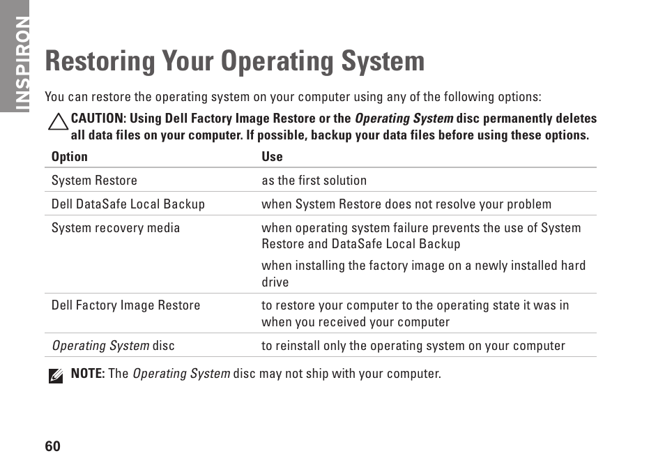 Restoring your operating system, Inspiron | Dell Inspiron 14R (N4010, Early 2010) User Manual | Page 62 / 94