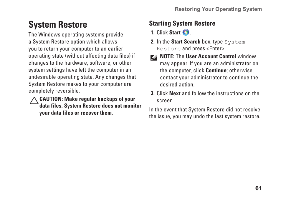 System restore | Dell Inspiron 14R (N4010, Early 2010) User Manual | Page 63 / 94