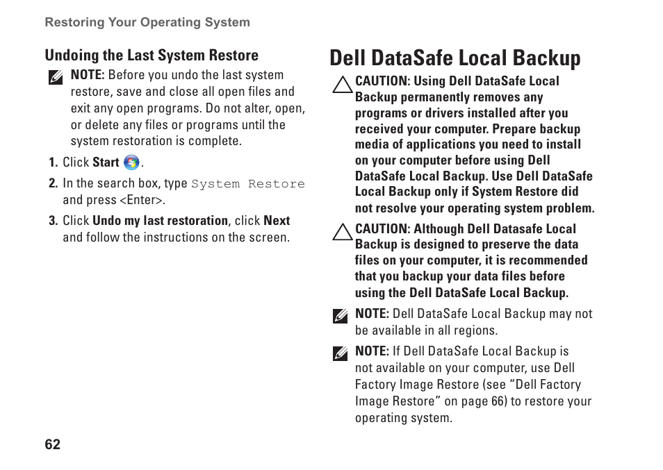 Dell datasafe local backup | Dell Inspiron 14R (N4010, Early 2010) User Manual | Page 64 / 94