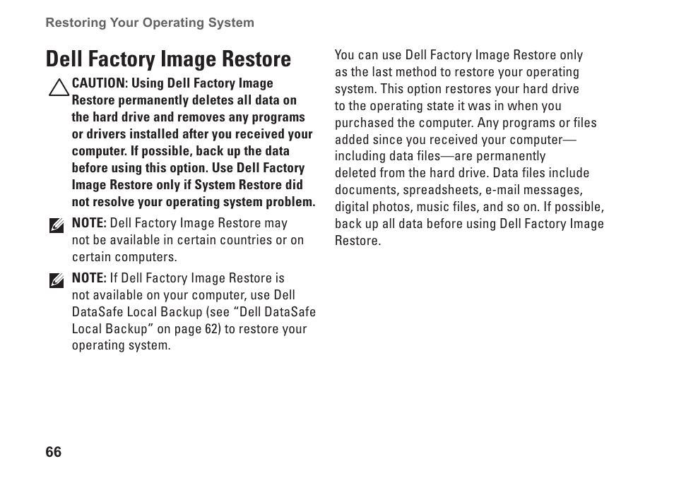Dell factory image restore | Dell Inspiron 14R (N4010, Early 2010) User Manual | Page 68 / 94