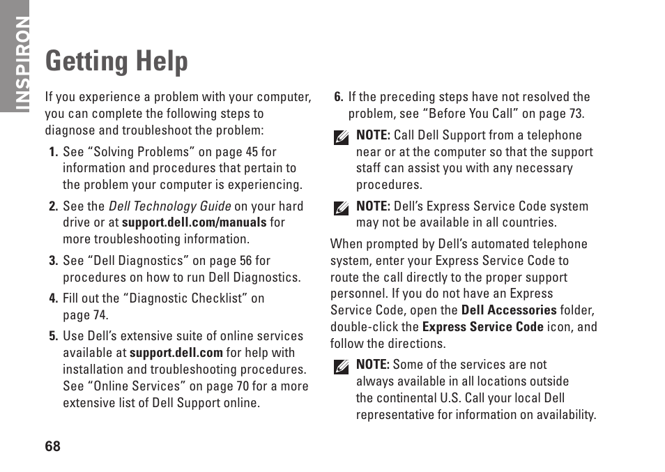 Getting help, Inspiron | Dell Inspiron 14R (N4010, Early 2010) User Manual | Page 70 / 94