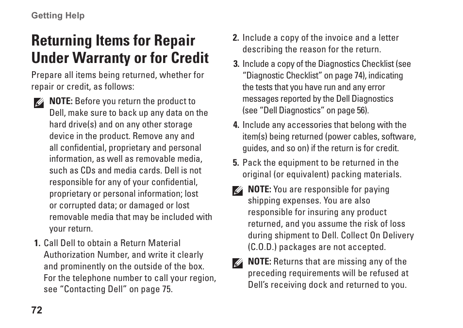 Returning items for repair under, Warranty or for credit | Dell Inspiron 14R (N4010, Early 2010) User Manual | Page 74 / 94