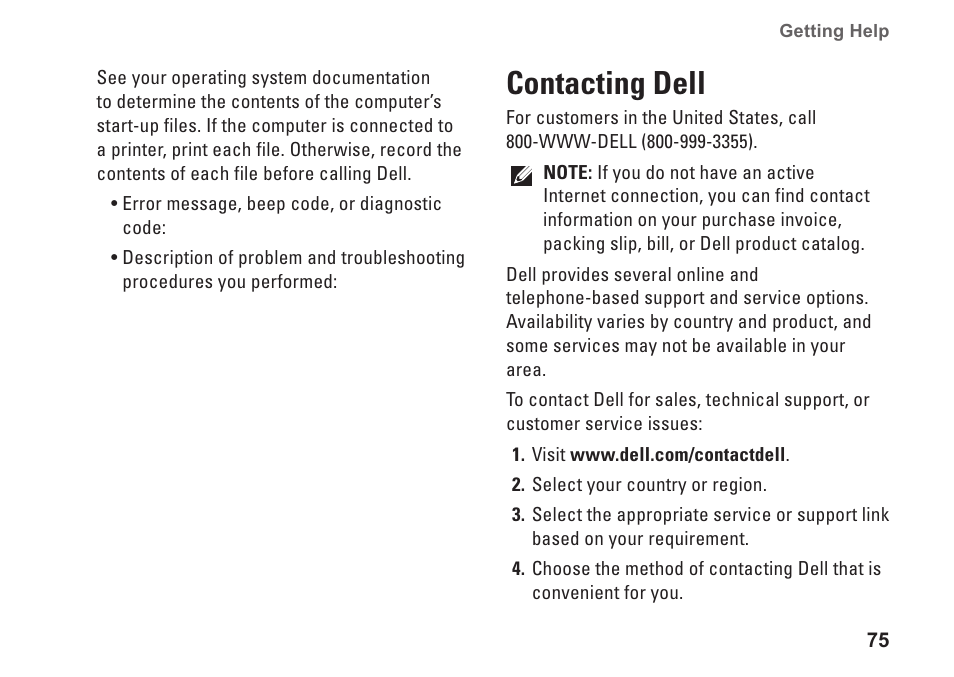 Contacting dell | Dell Inspiron 14R (N4010, Early 2010) User Manual | Page 77 / 94