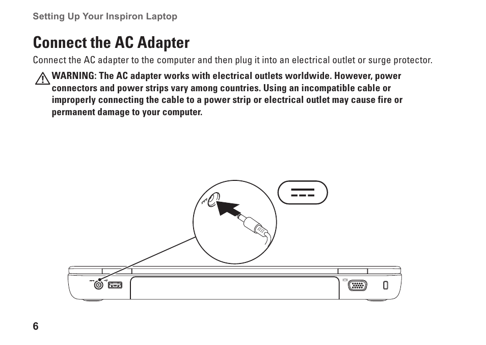 Connect the ac adapter | Dell Inspiron 14R (N4010, Early 2010) User Manual | Page 8 / 94