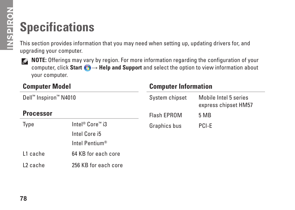 Specifications, Inspiron | Dell Inspiron 14R (N4010, Early 2010) User Manual | Page 80 / 94