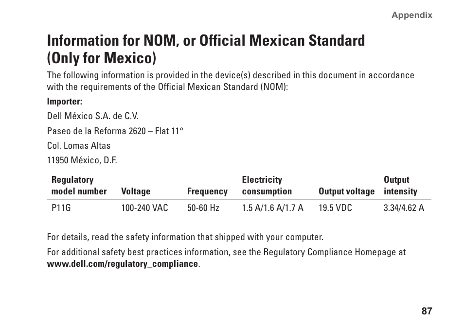 Information for nom, or official, Mexican standard (only for mexico) | Dell Inspiron 14R (N4010, Early 2010) User Manual | Page 89 / 94