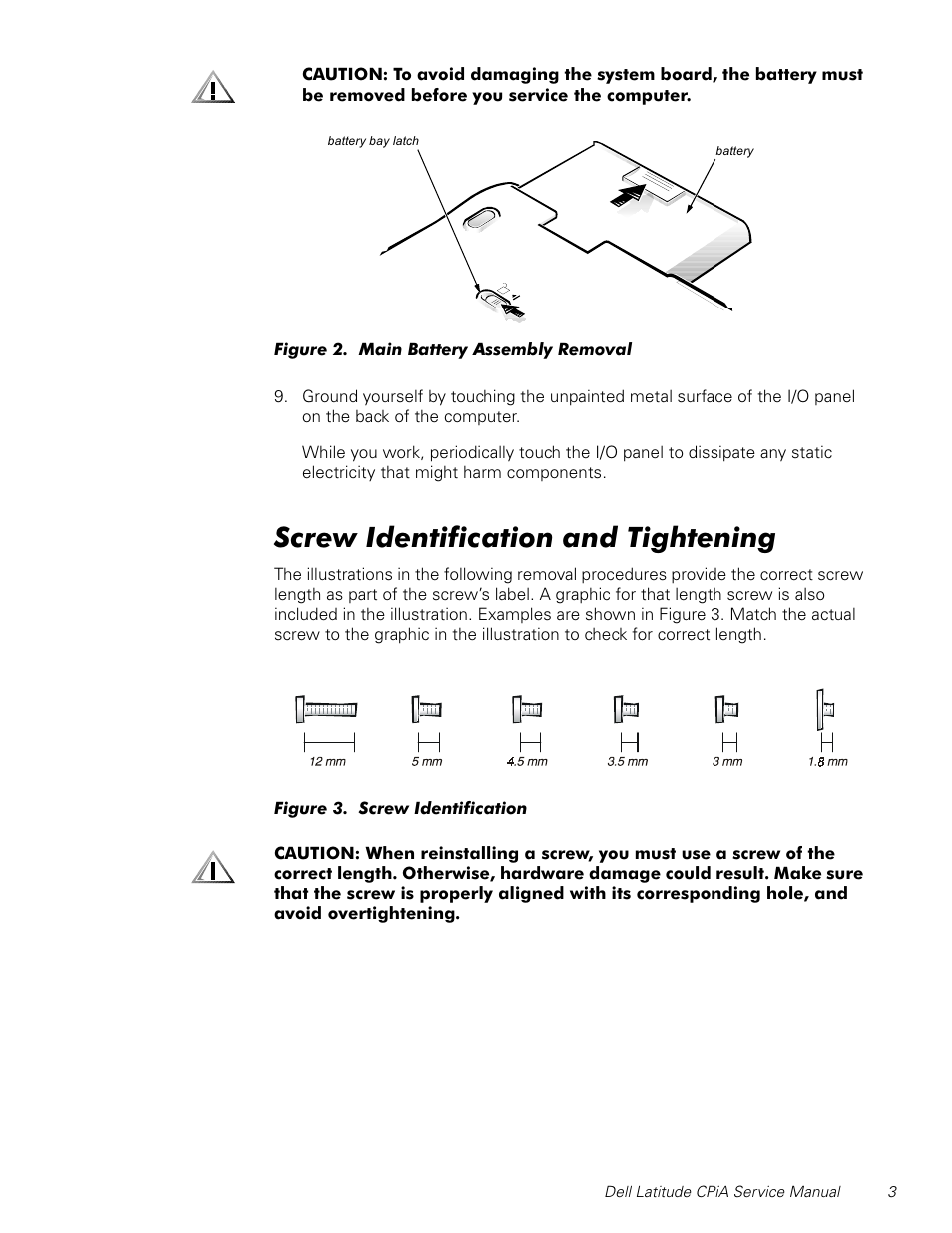 Screw identification and tightening, Figure 2, Main battery assembly removal | Figure 3, Screw identification, 6fuhz,ghqwlilfdwlrqdqg7ljkwhqlqj | Dell Latitude CPi A User Manual | Page 11 / 50