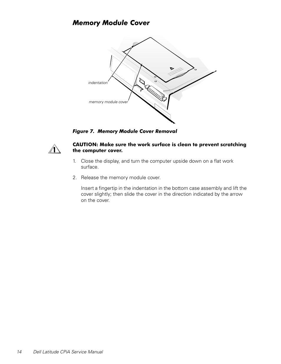 Memory module cover, Figure 7, Memory module cover removal | 0hpru\0rgxoh&ryhu | Dell Latitude CPi A User Manual | Page 22 / 50