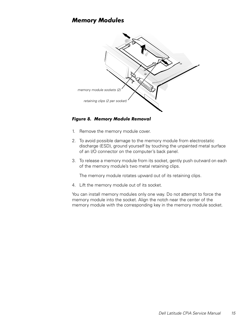 Memory modules, Figure 8, Memory module removal | 0hpru\0rgxohv | Dell Latitude CPi A User Manual | Page 23 / 50