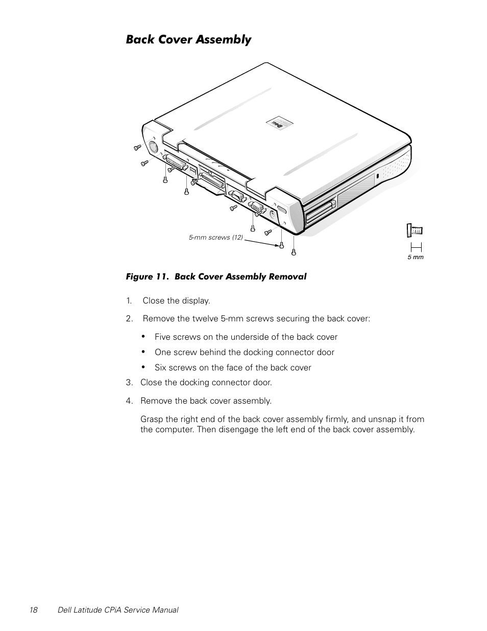 Back cover assembly, Figure 11, Back cover assembly removal | Dfn&ryhu$vvhpeo | Dell Latitude CPi A User Manual | Page 26 / 50