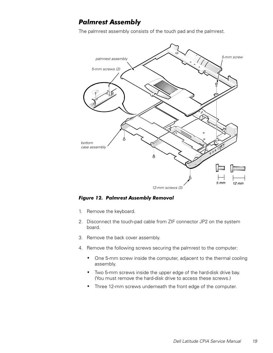 Palmrest assembly, Figure 12, Palmrest assembly removal | 3dopuhvw$vvhpeo | Dell Latitude CPi A User Manual | Page 27 / 50