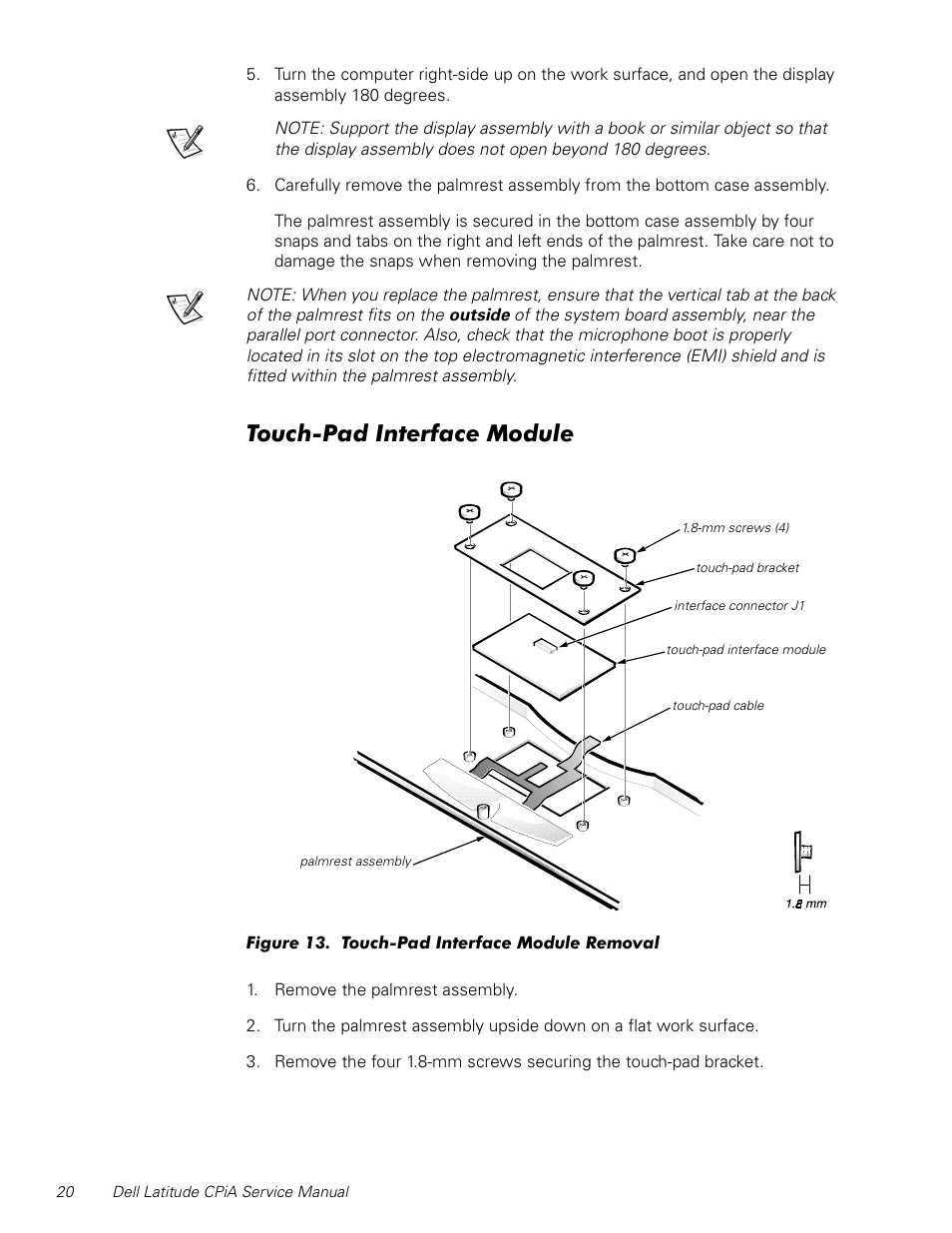 Touch-pad interface module, Figure 13, Touch-pad interface module removal | 7rxfk3dg,qwhuidfh0rgxoh | Dell Latitude CPi A User Manual | Page 28 / 50
