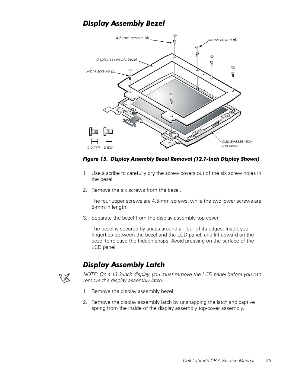 Display assembly bezel, Display assembly latch, Figure 15 | Lvsod\$vvhpeo\%h]ho, Lvsod\$vvhpeo\/dwfk | Dell Latitude CPi A User Manual | Page 31 / 50