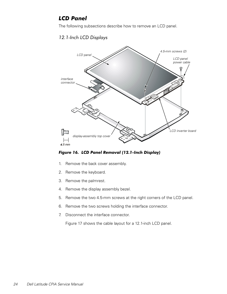 Lcd panel, Inch lcd displays, Figure 16 | Lcd panel removal (12.1-inch display), 3dqho, Qfk/&''lvsod\v | Dell Latitude CPi A User Manual | Page 32 / 50
