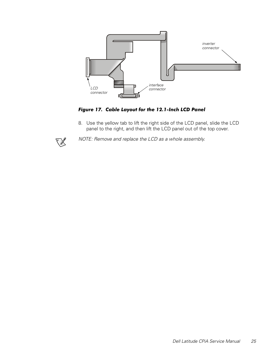 Figure 17, Cable layout for the 12.1-inch lcd panel | Dell Latitude CPi A User Manual | Page 33 / 50