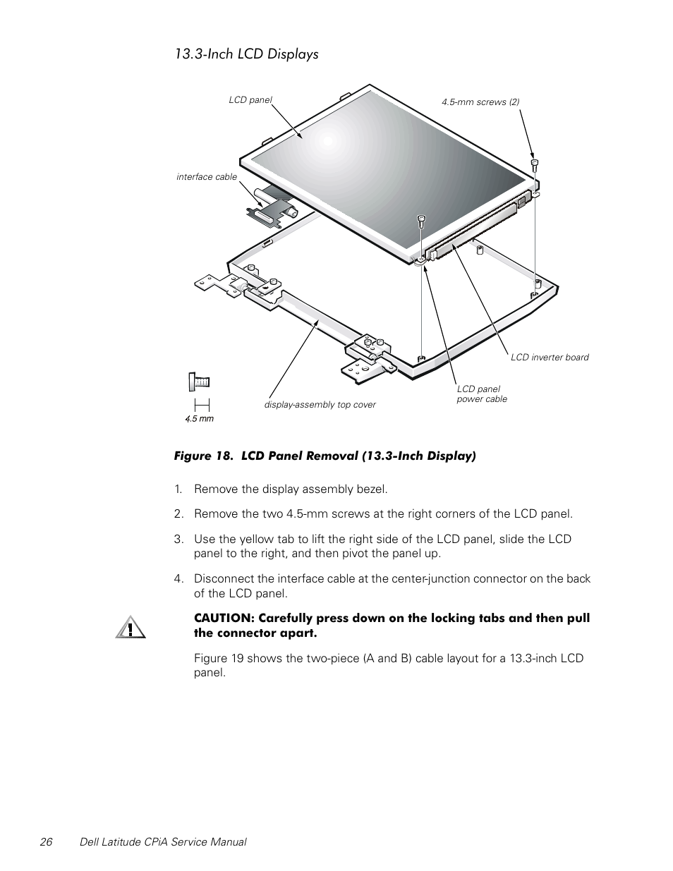 Inch lcd displays, Figure 18, Lcd panel removal (13.3-inch display) | Qfk/&''lvsod\v | Dell Latitude CPi A User Manual | Page 34 / 50