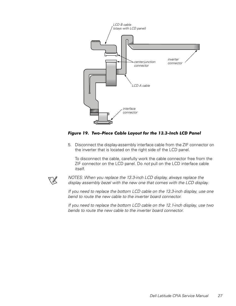 Figure 19, Two-piece cable layout for the 13.3-inch lcd panel | Dell Latitude CPi A User Manual | Page 35 / 50