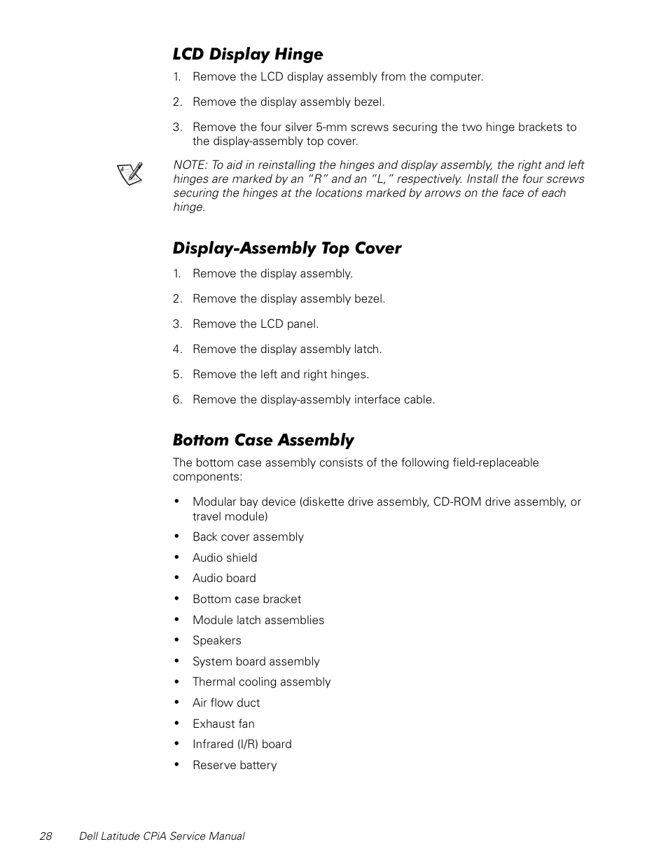 Lcd display hinge, Display-assembly top cover, Bottom case assembly | Lvsod\+lqjh, Lvsod\$vvhpeo\7rs&ryhu, Rwwrp&dvh$vvhpeo | Dell Latitude CPi A User Manual | Page 36 / 50