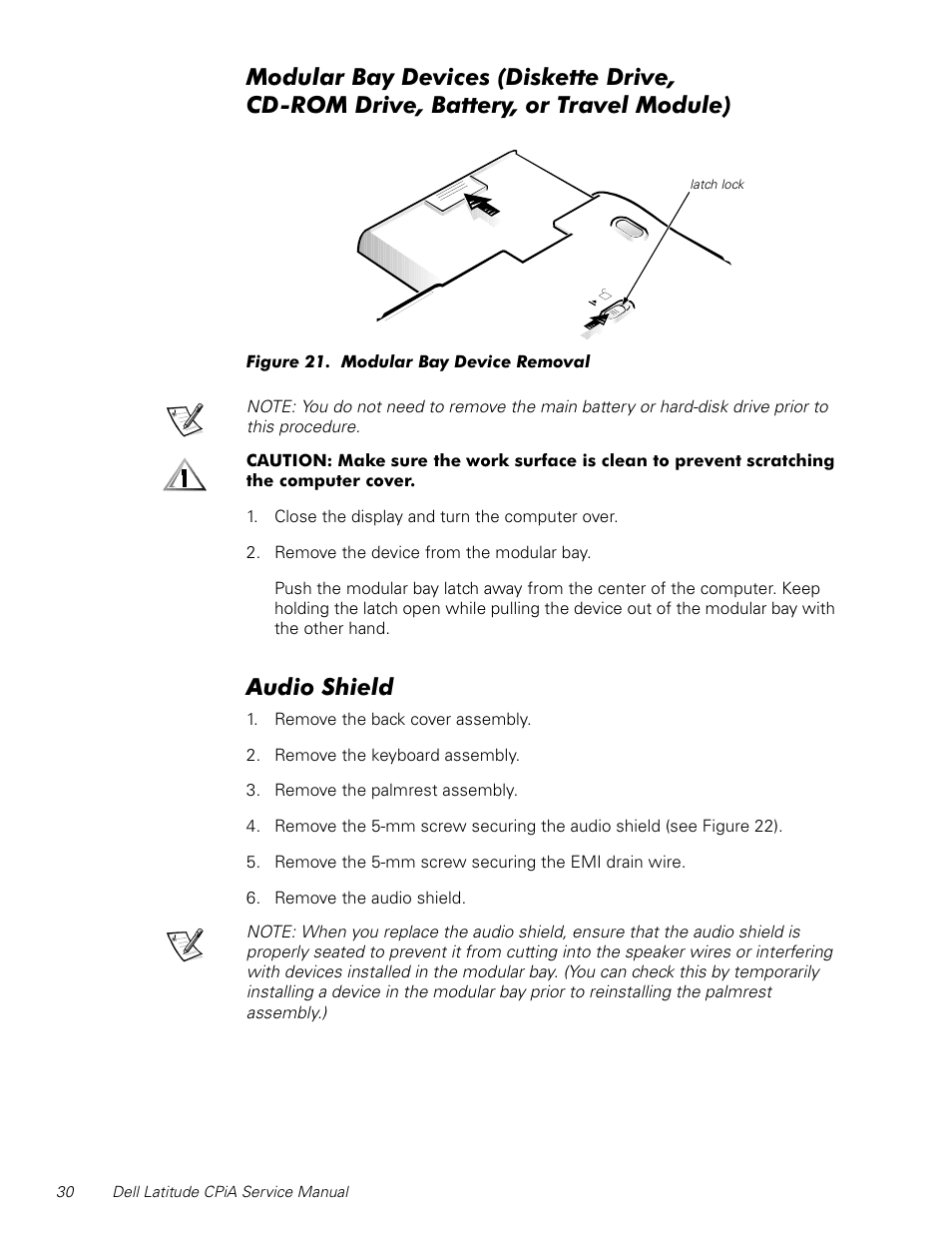 Audio shield, Figure 21, Modular bay device removal | Xglr6klhog | Dell Latitude CPi A User Manual | Page 38 / 50