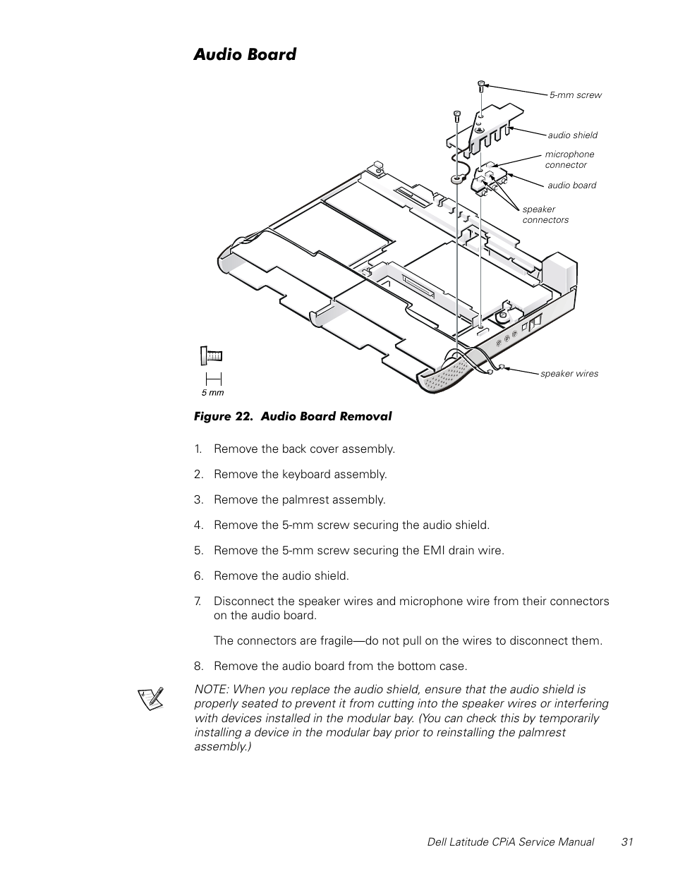 Audio board, Figure 22, Audio board removal | Xglr%rdug | Dell Latitude CPi A User Manual | Page 39 / 50