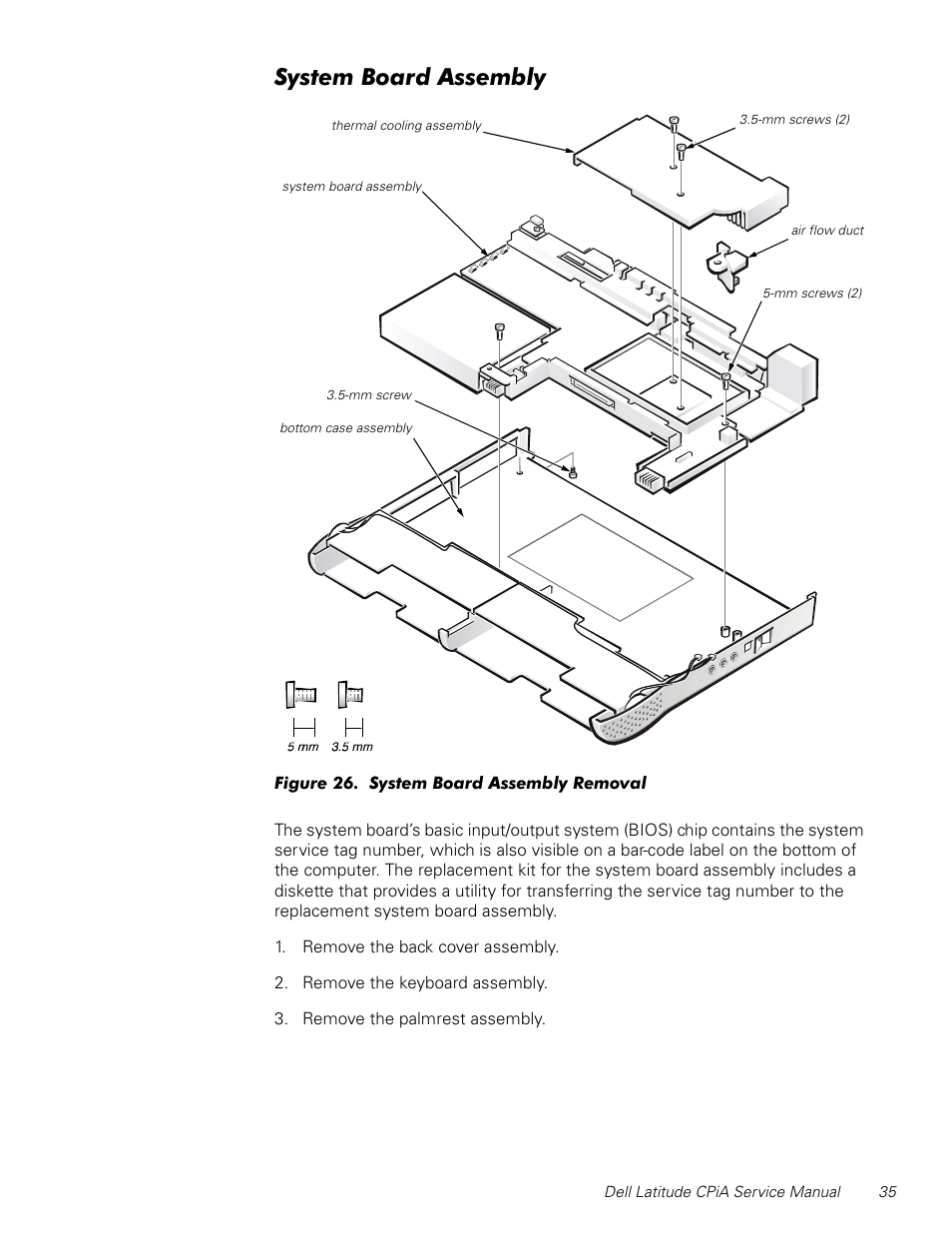 System board assembly, Figure 26, System board assembly removal | 6\vwhp%rdug$vvhpeo | Dell Latitude CPi A User Manual | Page 43 / 50