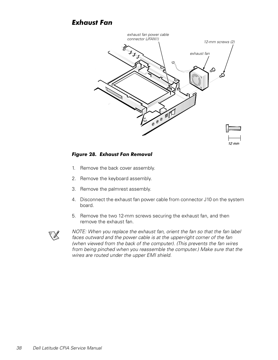Exhaust fan, Figure 28, Exhaust fan removal | Kdxvw)dq | Dell Latitude CPi A User Manual | Page 46 / 50