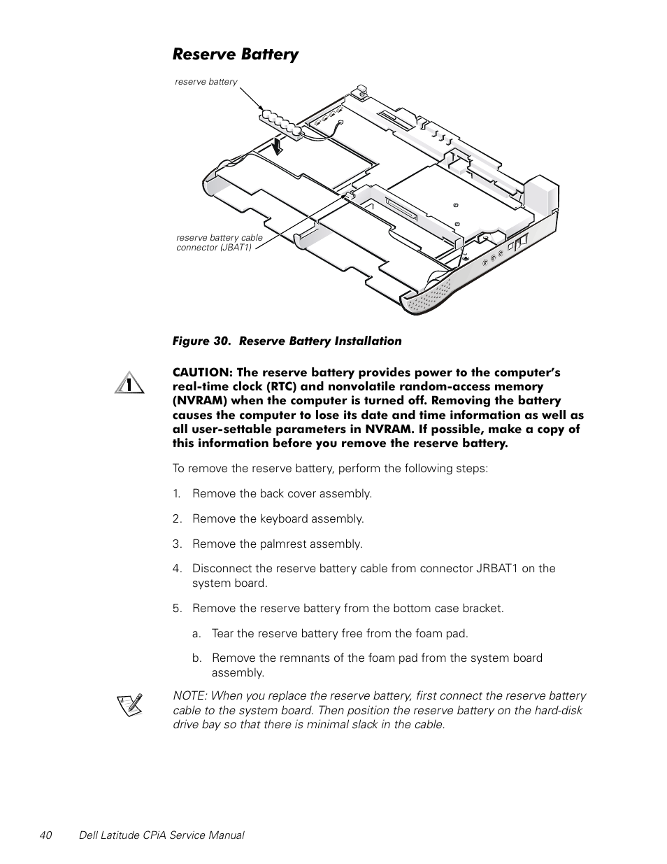 Reserve battery, Figure 30, Reserve battery installation | 5hvhuyh%dwwhu | Dell Latitude CPi A User Manual | Page 48 / 50