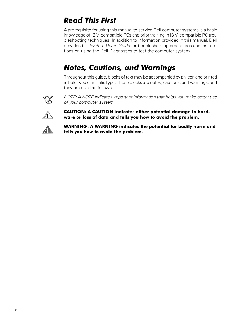 Read this first, Notes, cautions, and warnings, 5hdg7klv)luvw | 1rwhv&dxwlrqvdqg:duqlqjv | Dell Latitude CPi A User Manual | Page 8 / 50