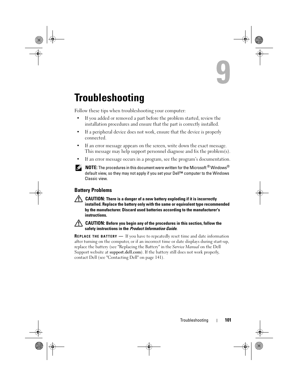 Troubleshooting, Battery problems | Dell XPS 630i (Early 2008) User Manual | Page 101 / 168