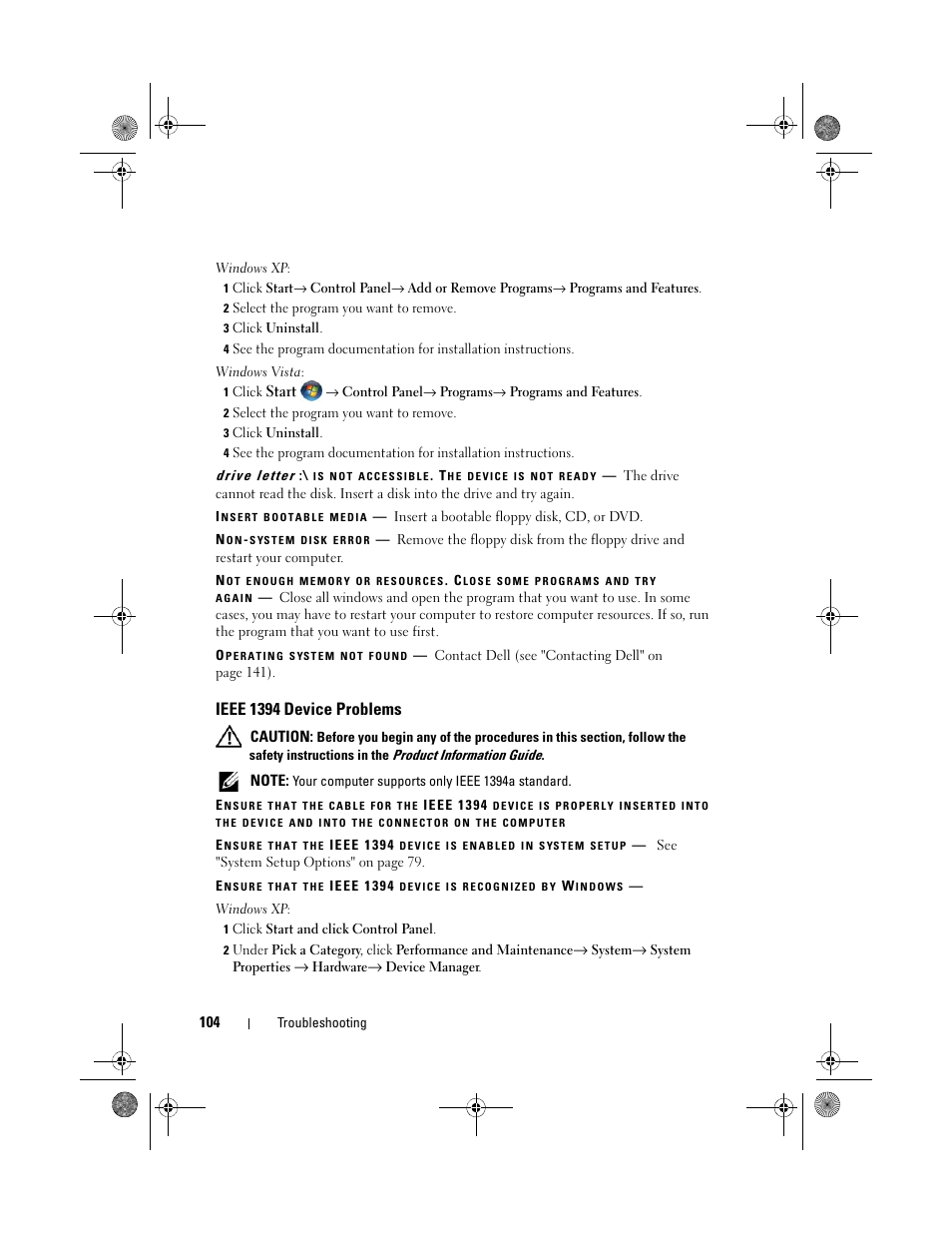 Ieee 1394 device problems | Dell XPS 630i (Early 2008) User Manual | Page 104 / 168