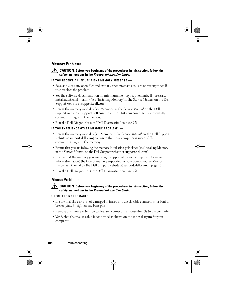 Memory problems, Mouse problems | Dell XPS 630i (Early 2008) User Manual | Page 108 / 168