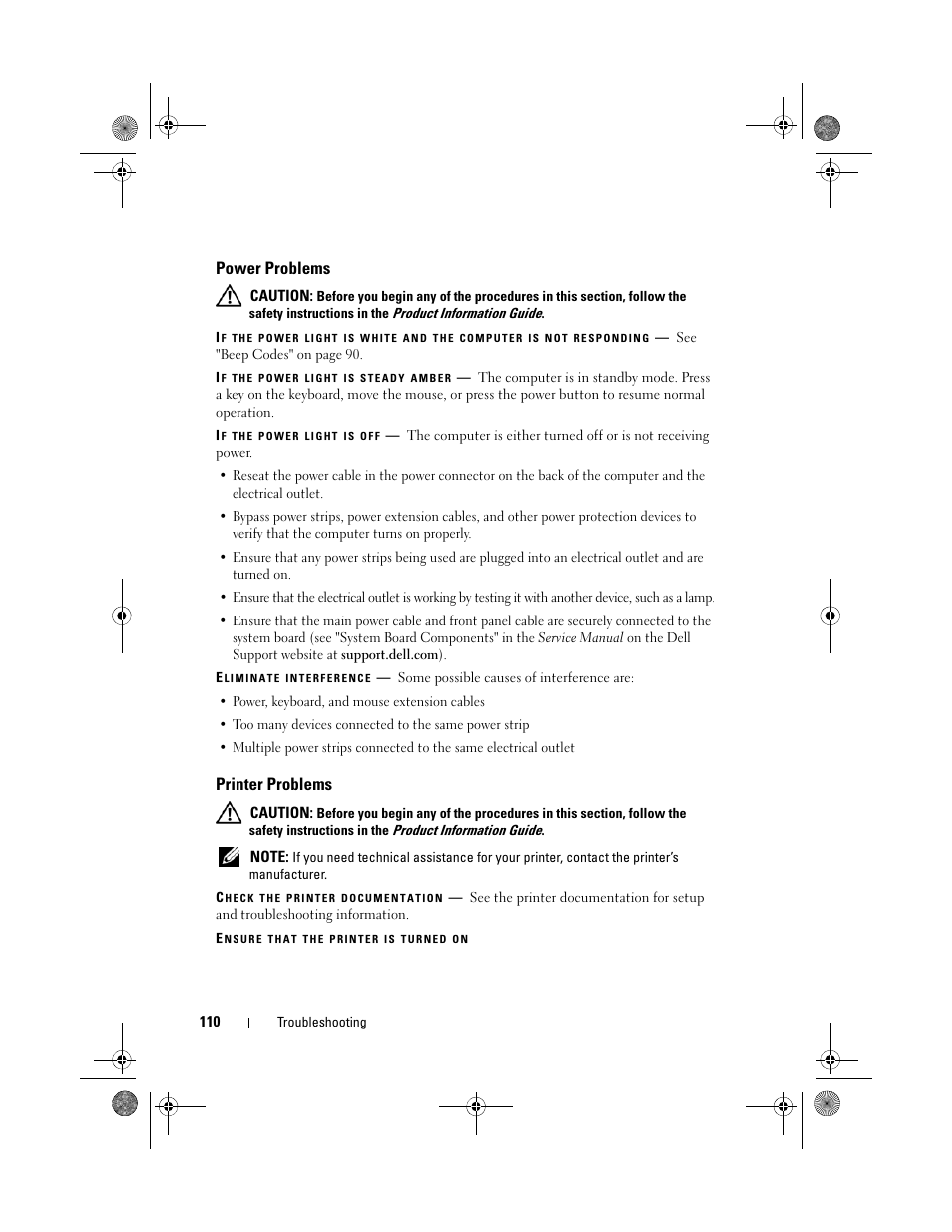 Power problems, Printer problems | Dell XPS 630i (Early 2008) User Manual | Page 110 / 168