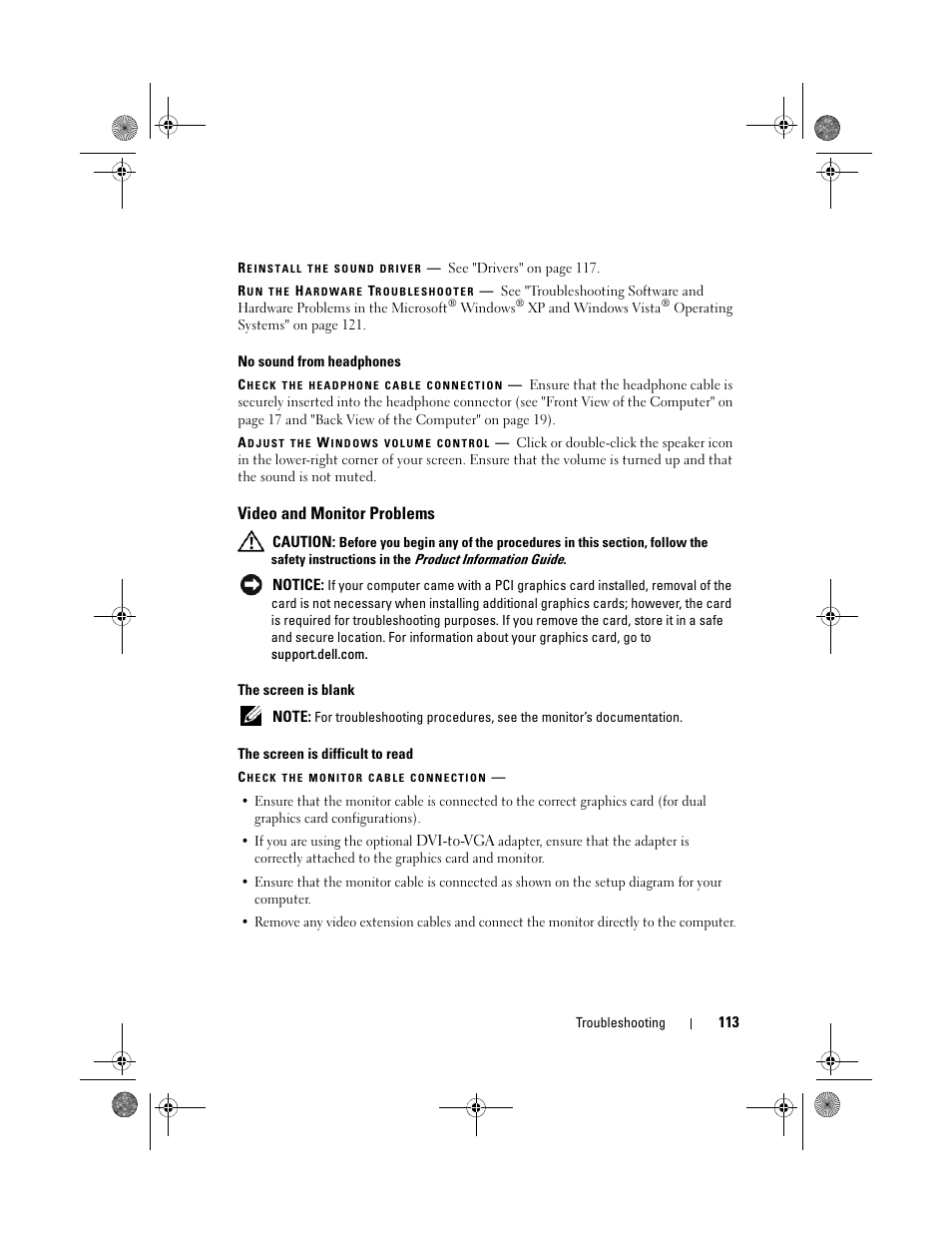 Video and monitor problems | Dell XPS 630i (Early 2008) User Manual | Page 113 / 168