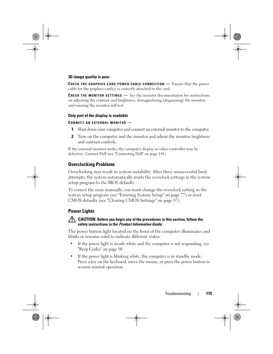 Overclocking problems, Power lights | Dell XPS 630i (Early 2008) User Manual | Page 115 / 168