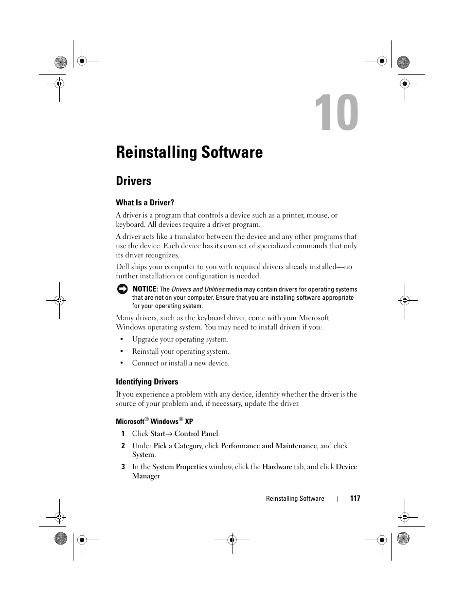 Reinstalling software, Drivers, What is a driver | Identifying drivers | Dell XPS 630i (Early 2008) User Manual | Page 117 / 168