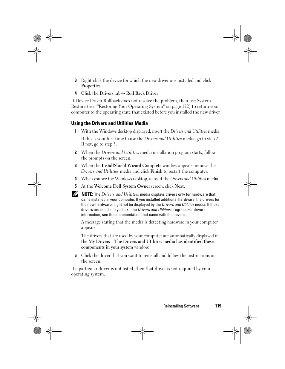 Using the drivers and utilities media | Dell XPS 630i (Early 2008) User Manual | Page 119 / 168