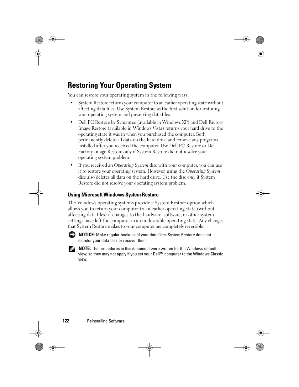 Restoring your operating system, Using microsoft windows system restore, Using microsoft | Dell XPS 630i (Early 2008) User Manual | Page 122 / 168