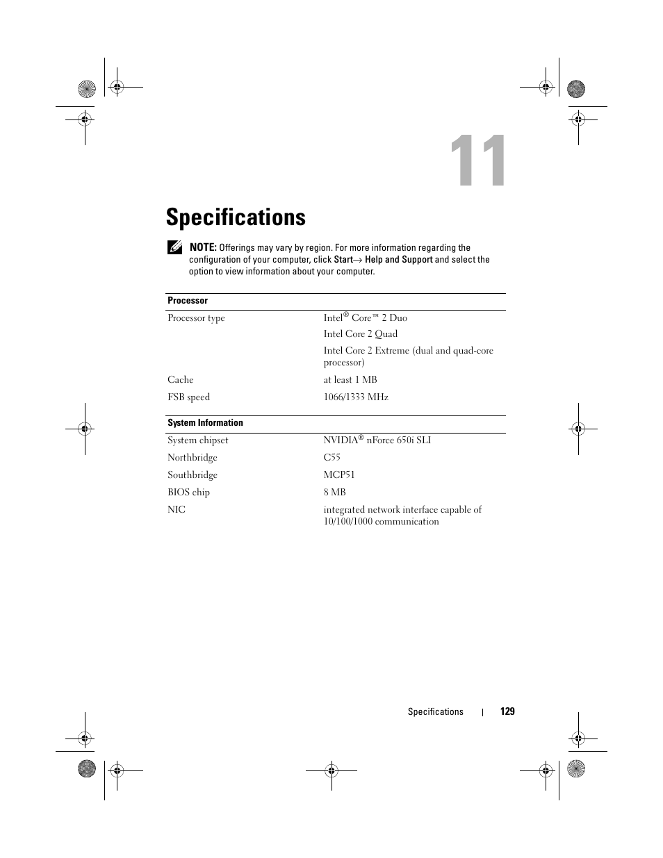 Specifications | Dell XPS 630i (Early 2008) User Manual | Page 129 / 168