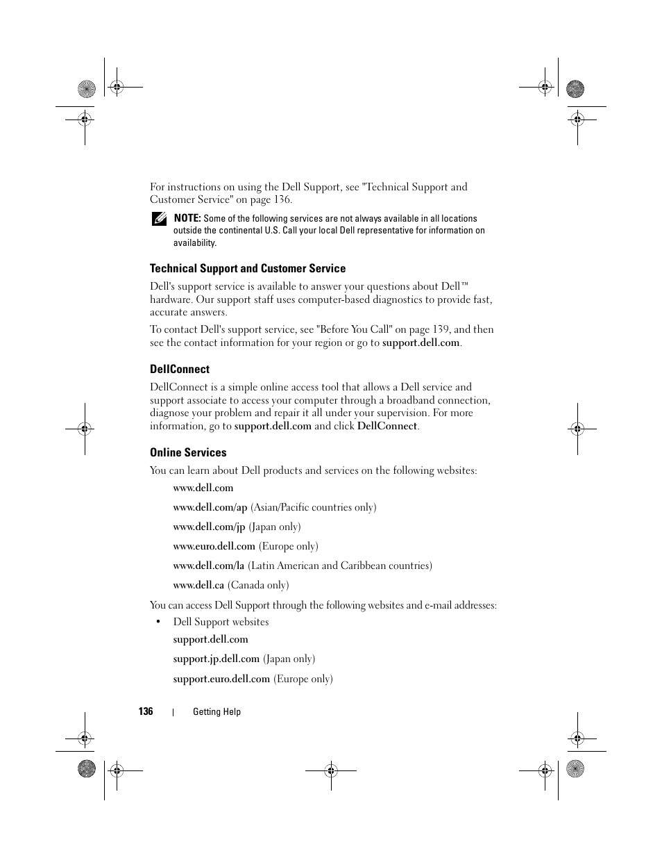 Technical support and customer service, Dellconnect, Online services | Dell XPS 630i (Early 2008) User Manual | Page 136 / 168